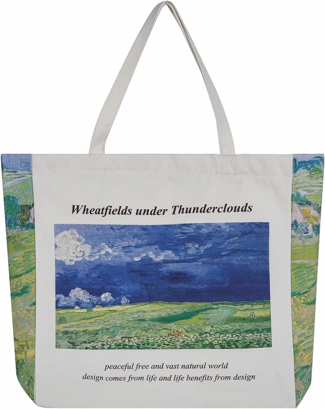 Canvas Tote Bag, Vintage Aesthetic Zipper Ladies Shoulder Bag, Large Capacity Reusable, Shopping, Beach Bag, Van Gogh Painting Pattern - Wheatfields under Thunderclouds