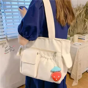 Canvas Women Messenger Bag Fashion Solid Color Large Capacity Shoulder Bag Multi-pockets Travel Handbag Student Book Bag