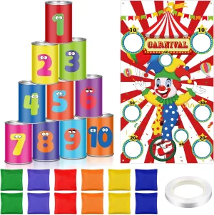 Carnival Toss Games with 12 Bean Bag, Clown Toss Game Banner and Bean Bag Can Toss Games Set for Kids Adults Family Games Party Decoration Supply Set