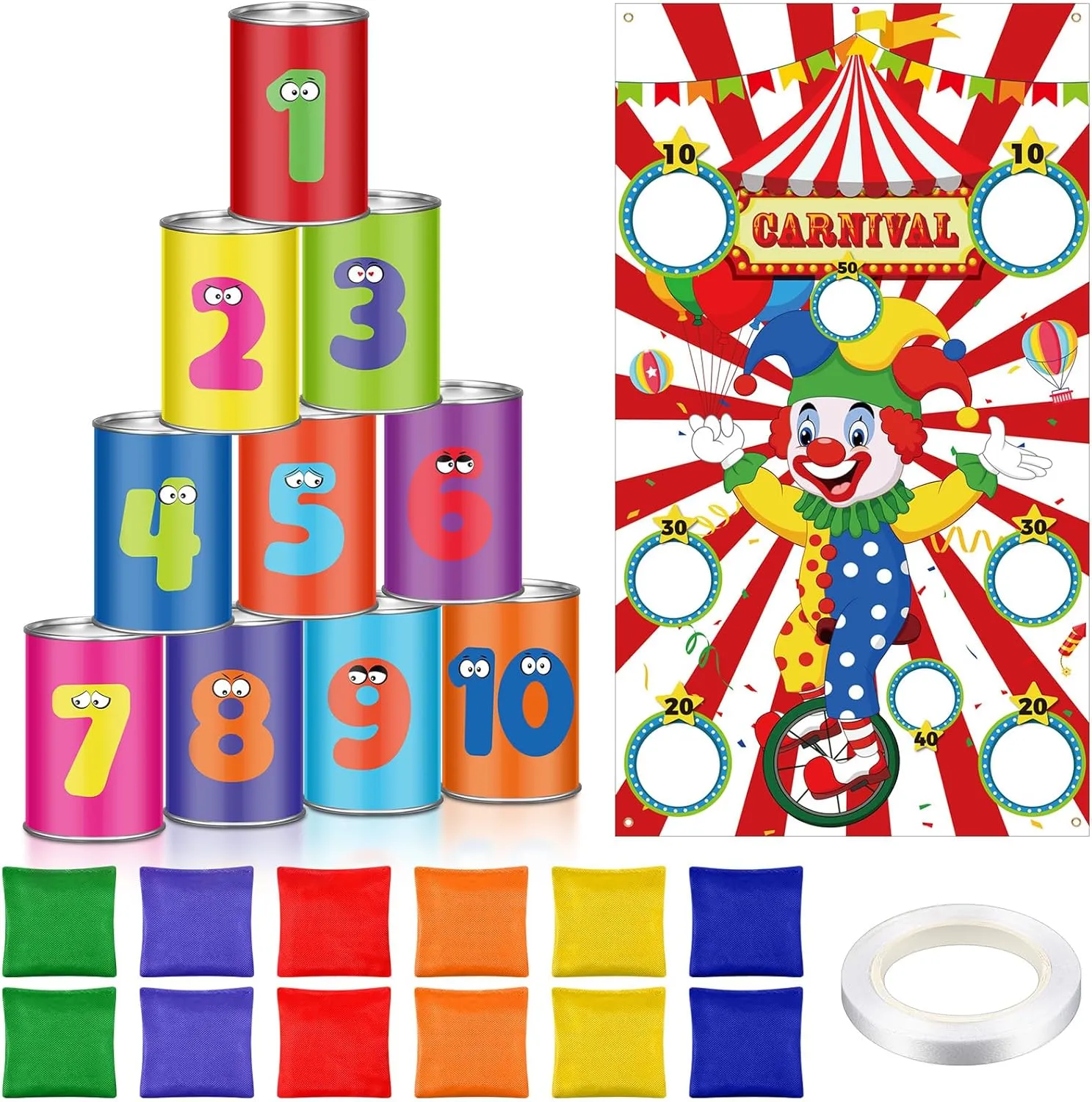 Carnival Toss Games with 12 Bean Bag, Clown Toss Game Banner and Bean Bag Can Toss Games Set for Kids Adults Family Games Party Decoration Supply Set