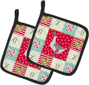 Caroline's Treasures CK5328PTHD Buff Grey Back Goose Love Pair of Pot Holders, Red Kitchen Heat Resistant Pot Holders Sets Oven Hot Pads for Cooking Baking BBQ, 7 1/2 x 7 1/2