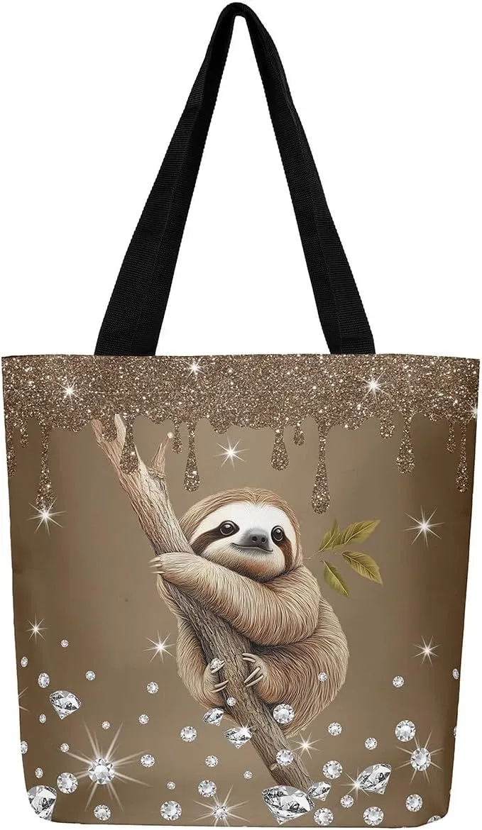 Castle Fairy Animals Theme Canvas Tote Bag,Diamond Sequin Fluid Art Aesthetic Shoulder Handbags for Shopping Gym