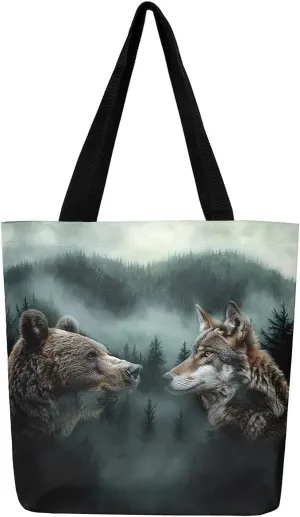 Castle Fairy Bear and Wolf Canvas Tote Bag Aesthetic for Women Girls