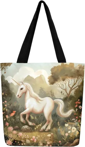 Castle Fairy Western Cowboy Canvas Tote Bag,Sketch Highland Cow Horse Desert Tote Bag