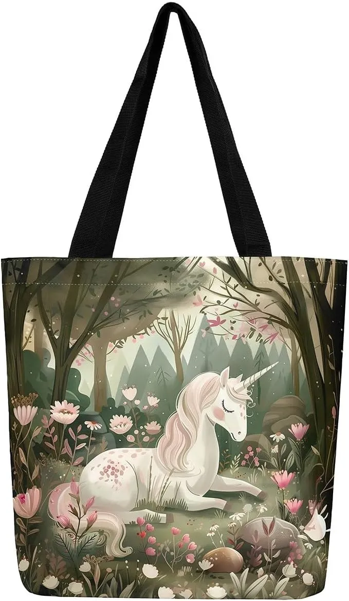 Castle Fairy Western Cowboy Canvas Tote Bag,Sketch Highland Cow Horse Desert Tote Bag