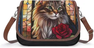 Cat Rose Glass Window Crossbody Bags for Women Shoulder Bag Flap Handbags Leather Cross Body Purse