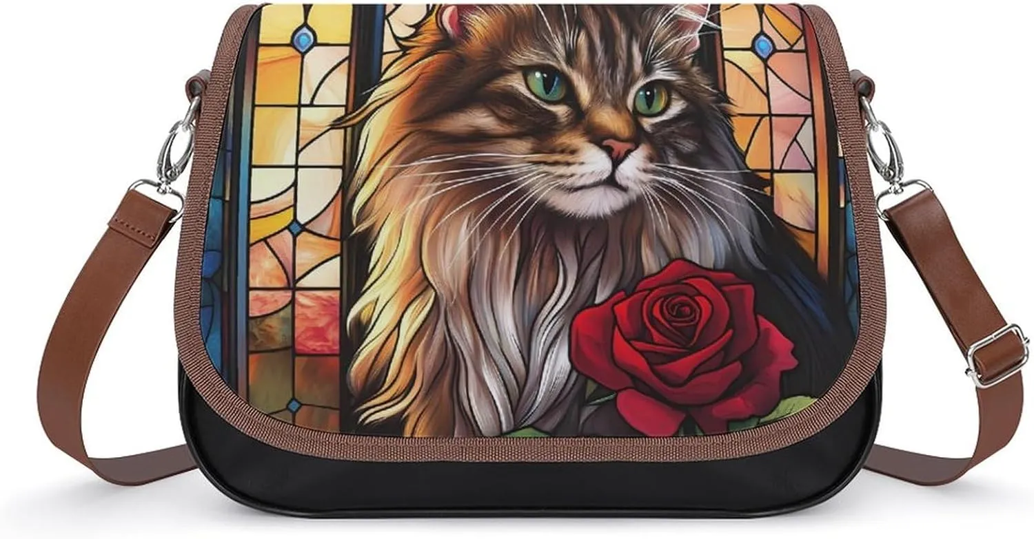 Cat Rose Glass Window Crossbody Bags for Women Shoulder Bag Flap Handbags Leather Cross Body Purse