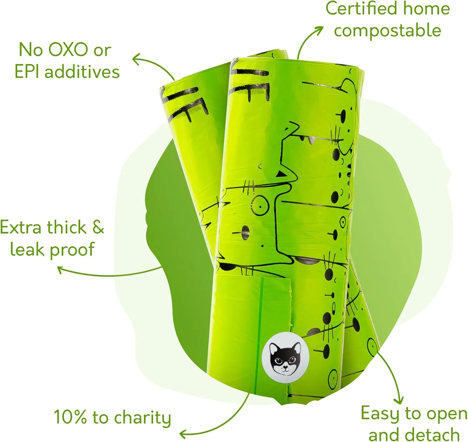 Certified Home Compostable Cat Litter Bags For Poop - 10% to Charity - Cornstarch-Based - For Cleaning Up Litter Trays - NF T51-800 Compliant - 90 Extra Large Disposable Bags