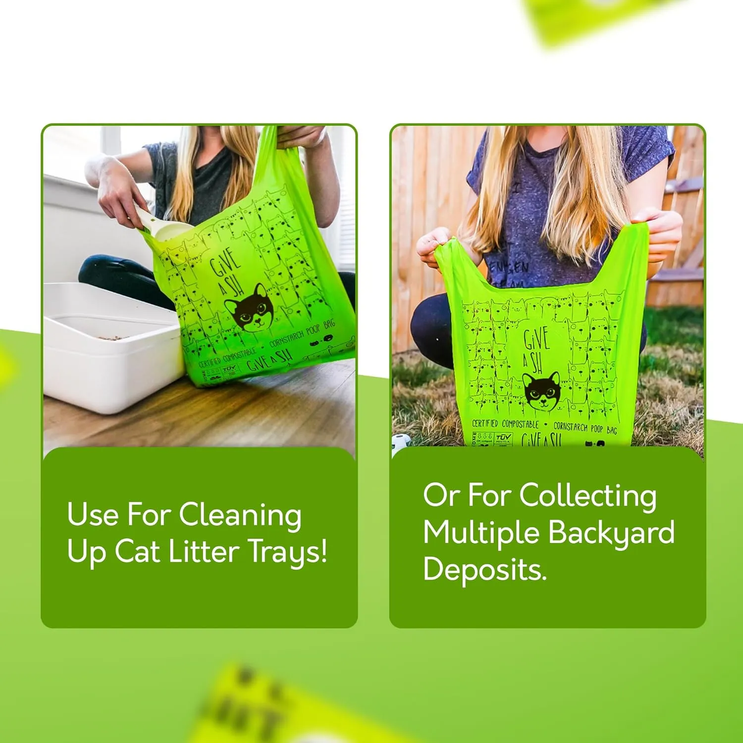 Certified Home Compostable Cat Litter Bags For Poop - 10% to Charity - Cornstarch-Based - For Cleaning Up Litter Trays - NF T51-800 Compliant - 90 Extra Large Disposable Bags