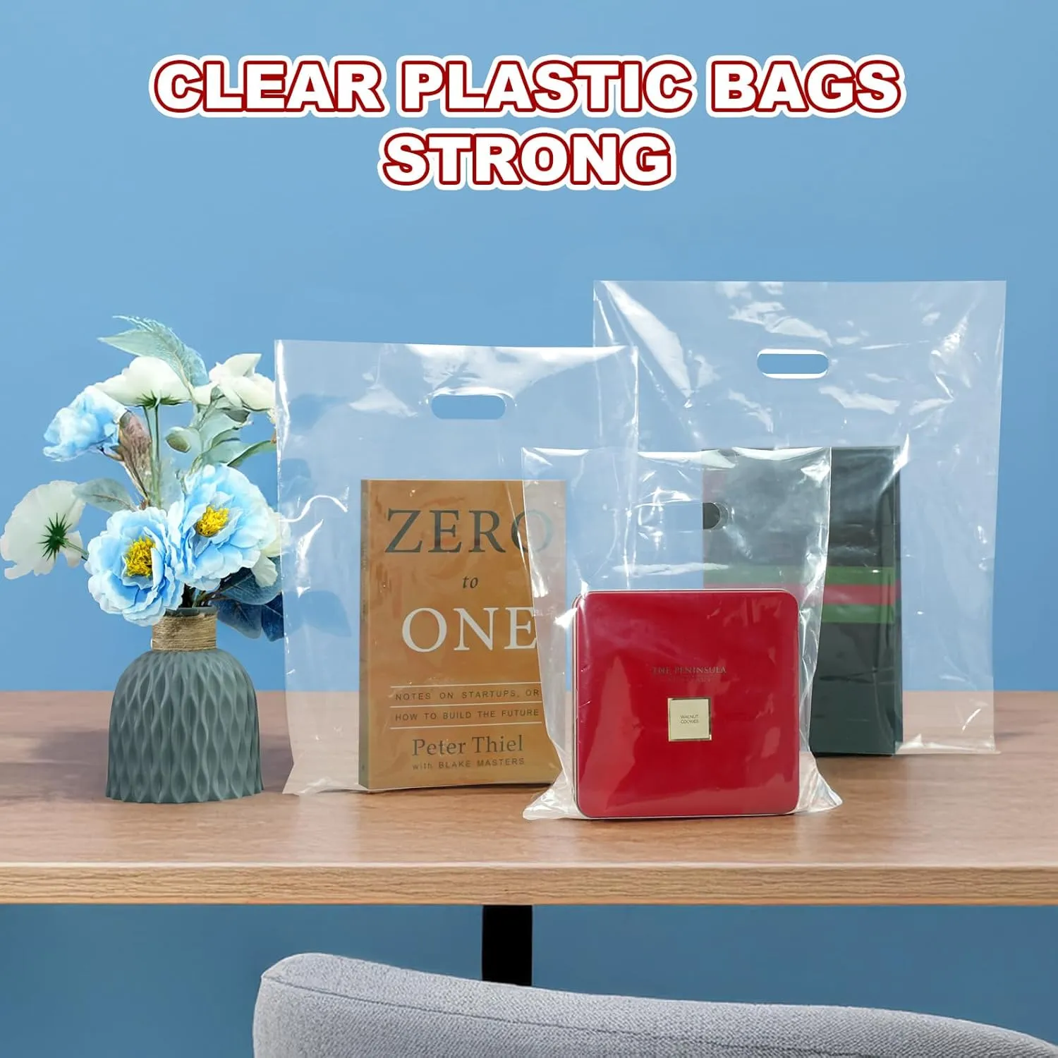 Clear Plastic bags with handle 100 Pack Clear Gift Bags for Small Business Shopping Merchandise Bags for Packaging Products Retail Boutique (Large(15x18))