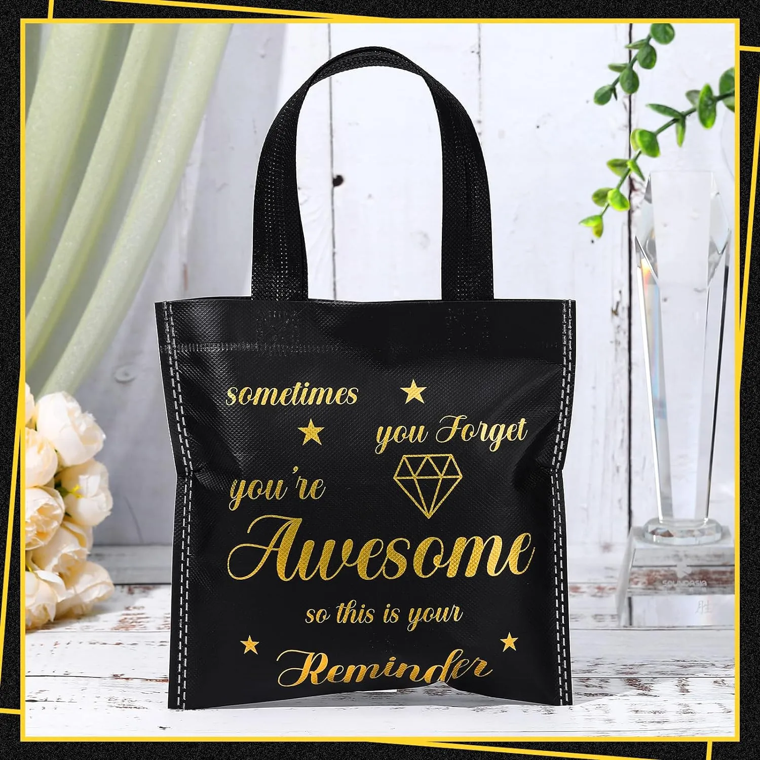 Clysee 50 Pcs Employee Appreciation Gift Bags Bulk Thank You Team Small Gift Bag with Handle Black Gold Inspirational Wedding Party Favor 8 x 8 Inch for Women Coworker Party Nursing Volunteer(Awesome)