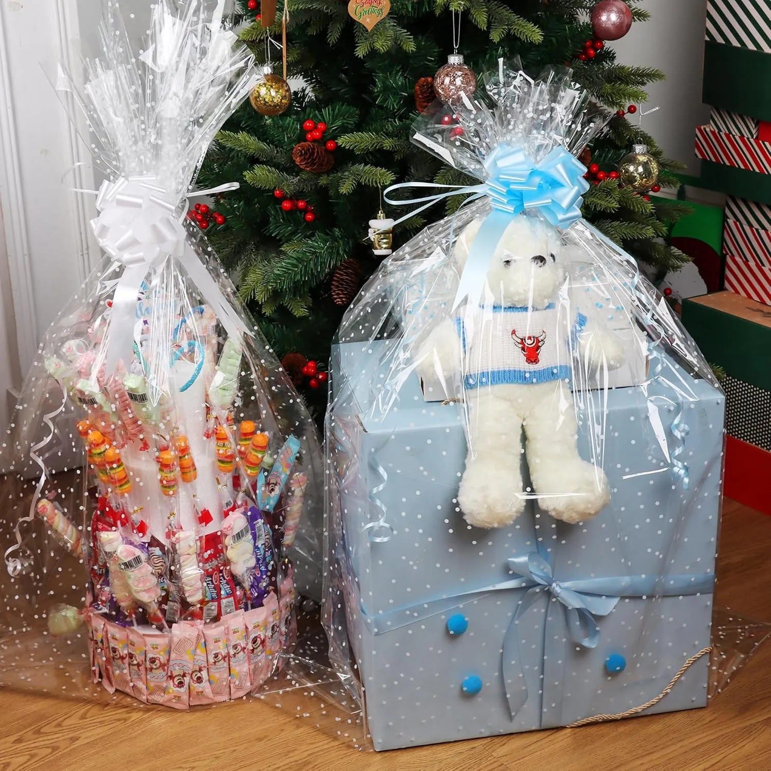 CMFYHM 10 Pack Large Cello/Cellophane Bags with White Polka Dots (30in x 40in) - Clear Plastic Gift Bag, Cellophane Wrap Gift Basket Bags for Fruit Baskets, Boxes,Easter eggs & Christmas Trees, with 10 Colour Bows