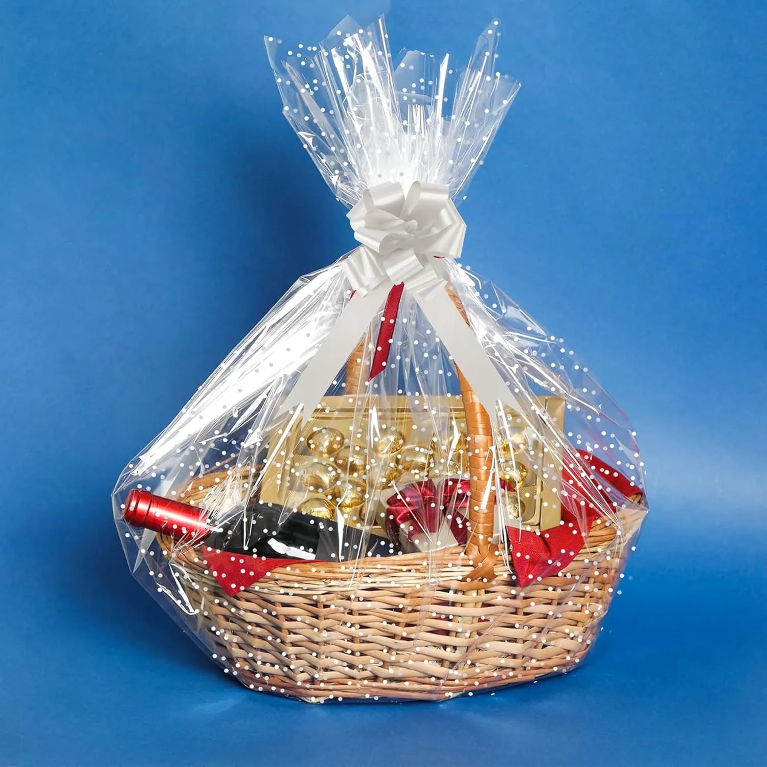 CMFYHM 10 Pack Large Cello/Cellophane Bags with White Polka Dots (30in x 40in) - Clear Plastic Gift Bag, Cellophane Wrap Gift Basket Bags for Fruit Baskets, Boxes,Easter eggs & Christmas Trees, with 10 Colour Bows