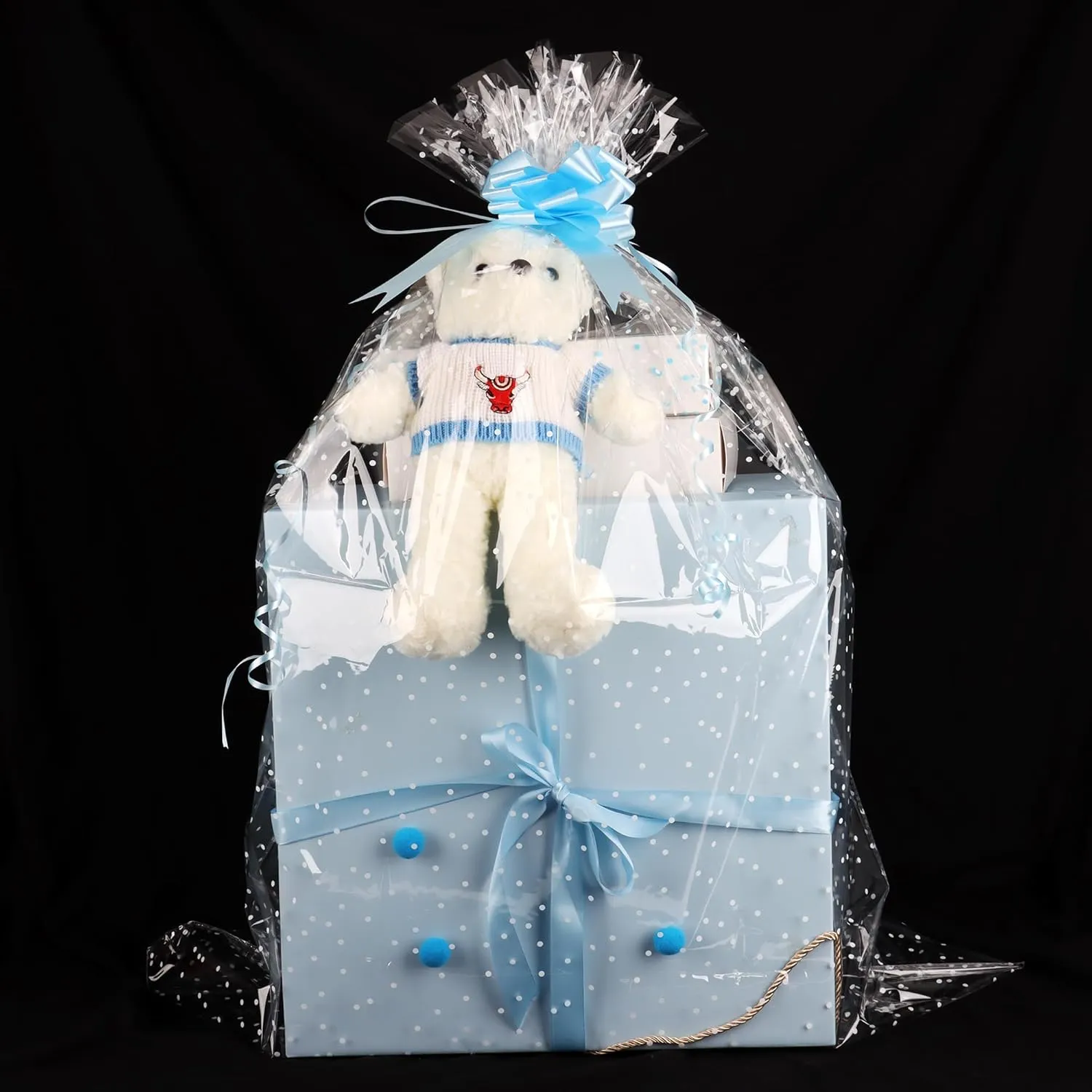 CMFYHM 10 Pack Large Cello/Cellophane Bags with White Polka Dots (30in x 40in) - Clear Plastic Gift Bag, Cellophane Wrap Gift Basket Bags for Fruit Baskets, Boxes,Easter eggs & Christmas Trees, with 10 Colour Bows