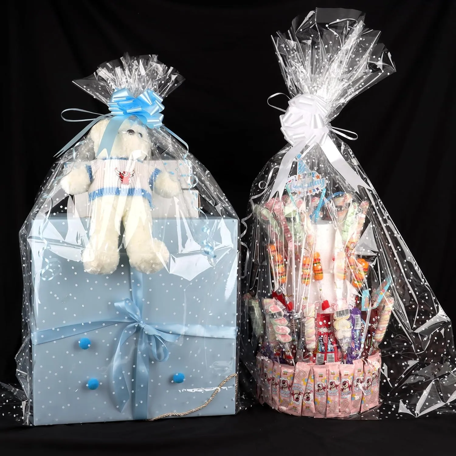CMFYHM 10 Pack Large Cello/Cellophane Bags with White Polka Dots (30in x 40in) - Clear Plastic Gift Bag, Cellophane Wrap Gift Basket Bags for Fruit Baskets, Boxes,Easter eggs & Christmas Trees, with 10 Colour Bows