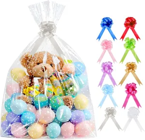 CMFYHM 10 Pack Large Cello/Cellophane Bags with White Polka Dots (30in x 40in) - Clear Plastic Gift Bag, Cellophane Wrap Gift Basket Bags for Fruit Baskets, Boxes,Easter eggs & Christmas Trees, with 10 Colour Bows