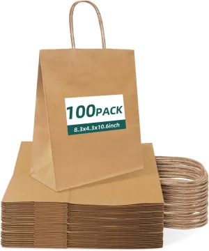 Colemoly Kraft Paper Bags 8.3x4.6x10.6 Inch 100Pcs Recyclable Brown Gift Bags with Handles for Retail, Boutiques, Corporate Gifting, Party Favors, and Small Business