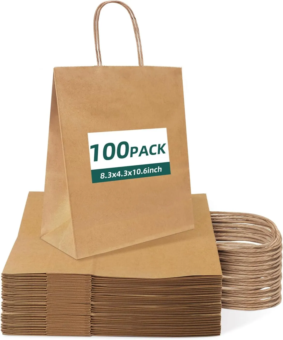 Colemoly Kraft Paper Bags 8.3x4.6x10.6 Inch 100Pcs Recyclable Brown Gift Bags with Handles for Retail, Boutiques, Corporate Gifting, Party Favors, and Small Business