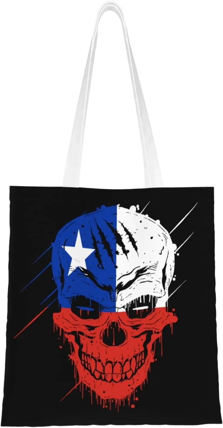 Creative Chile Patriot Skull National Flag Tote Bag for Women Canvas Shopping Bags Reusable Beach Bag Grocery Bags Tote Shoulder Bag Gift Bags
