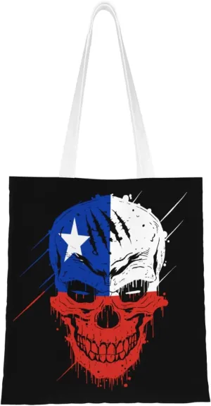 Creative Chile Patriot Skull National Flag Tote Bag for Women Canvas Shopping Bags Reusable Beach Bag Grocery Bags Tote Shoulder Bag Gift Bags