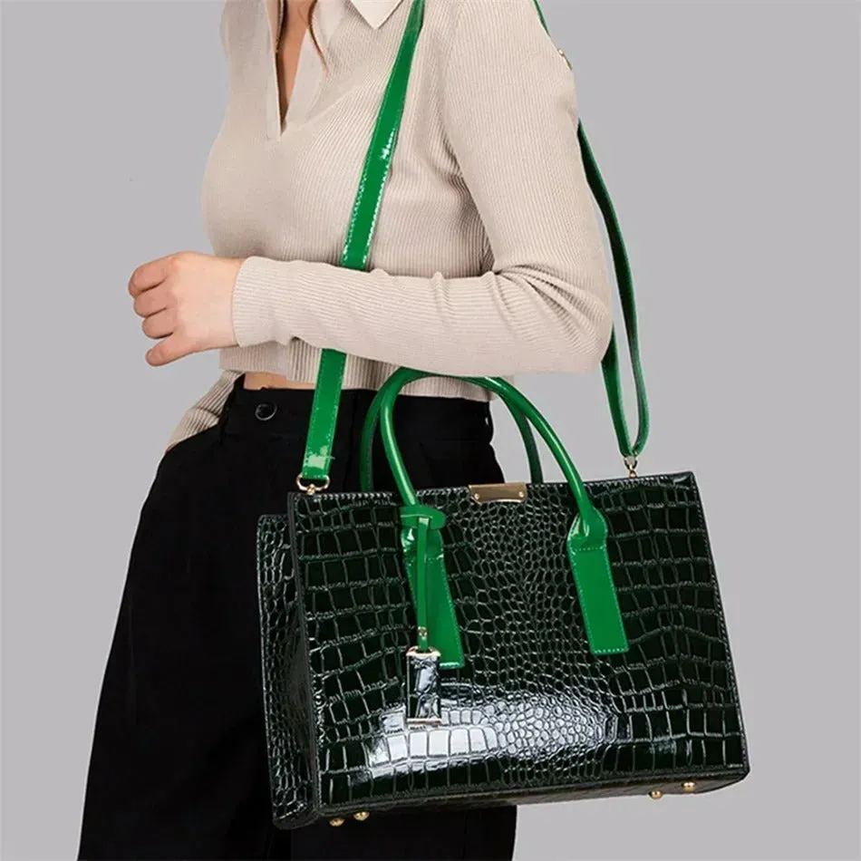 crocodile print women handbags and purse casual tote bags top handle bags large capacity patent leather