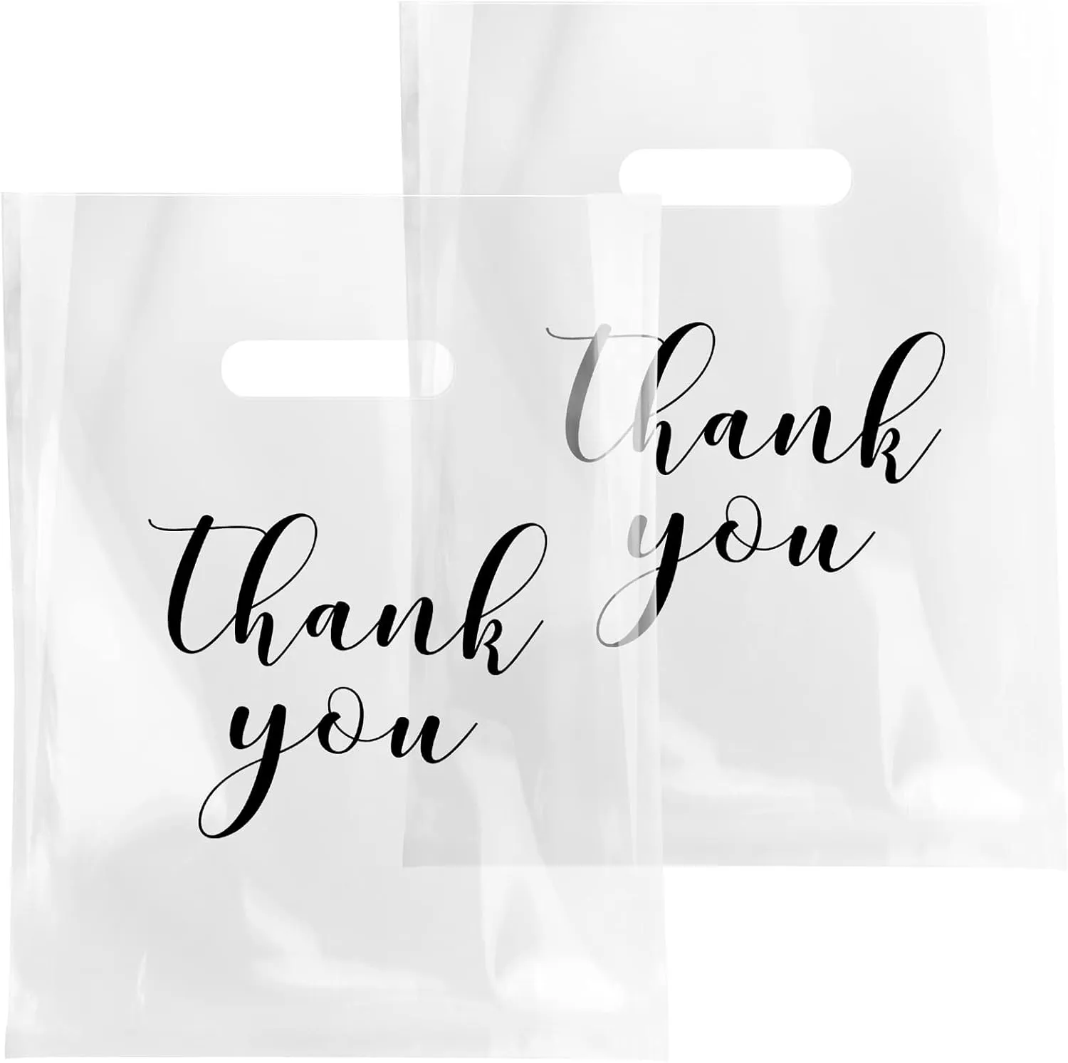 Crtiin 100 Pcs Clear Merchandise Bags Thank You Shopping Bags with Die Cut Handles T Shirt Plastic Packaging for Small Business Retail Boutique Stores Gifts(12 x 15 Inch)