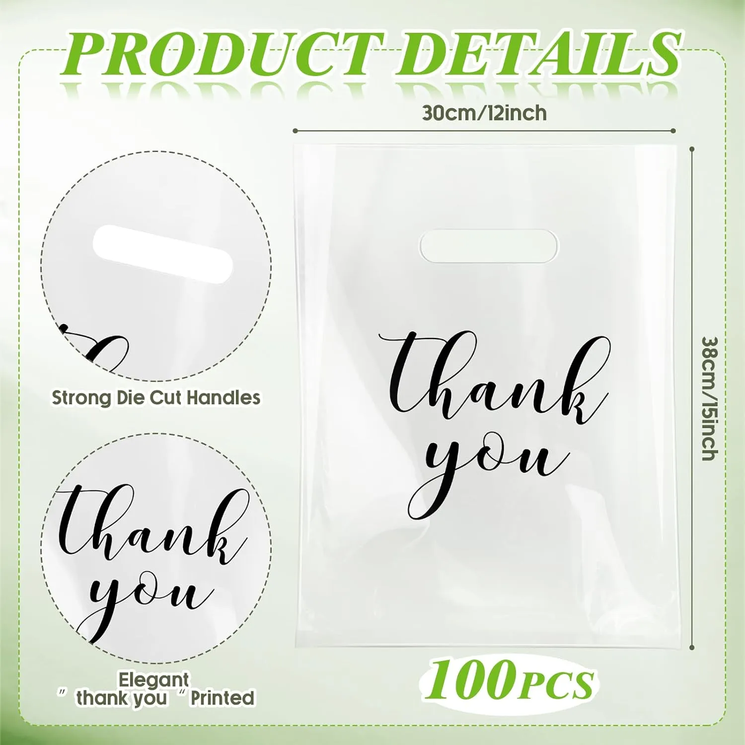 Crtiin 100 Pcs Clear Merchandise Bags Thank You Shopping Bags with Die Cut Handles T Shirt Plastic Packaging for Small Business Retail Boutique Stores Gifts(12 x 15 Inch)