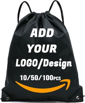 Custom Drawstring Backpack 10/50/100/200 Pcs Personalized Bulk Sport Draw String Bags with Logo, Text, Design, Customized Promotional Items Black