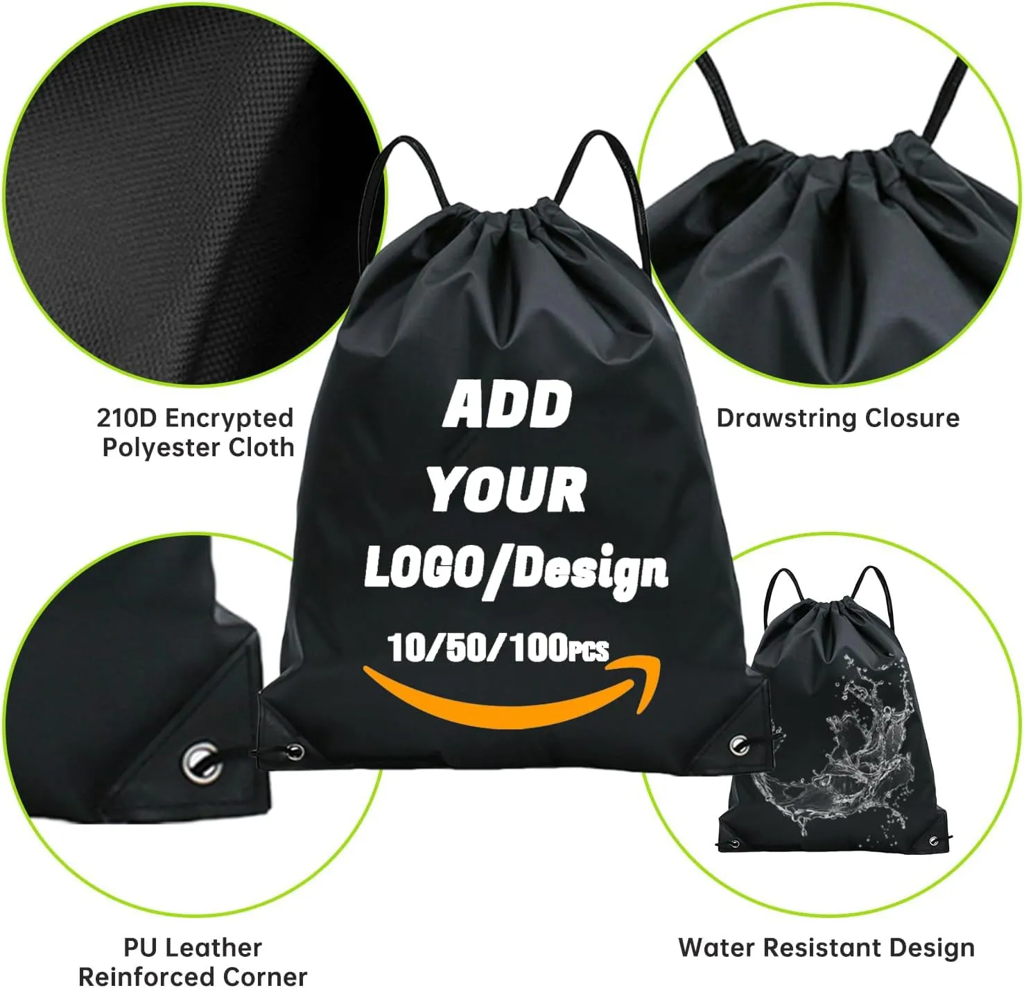 Custom Drawstring Backpack 10/50/100/200 Pcs Personalized Bulk Sport Draw String Bags with Logo, Text, Design, Customized Promotional Items Black
