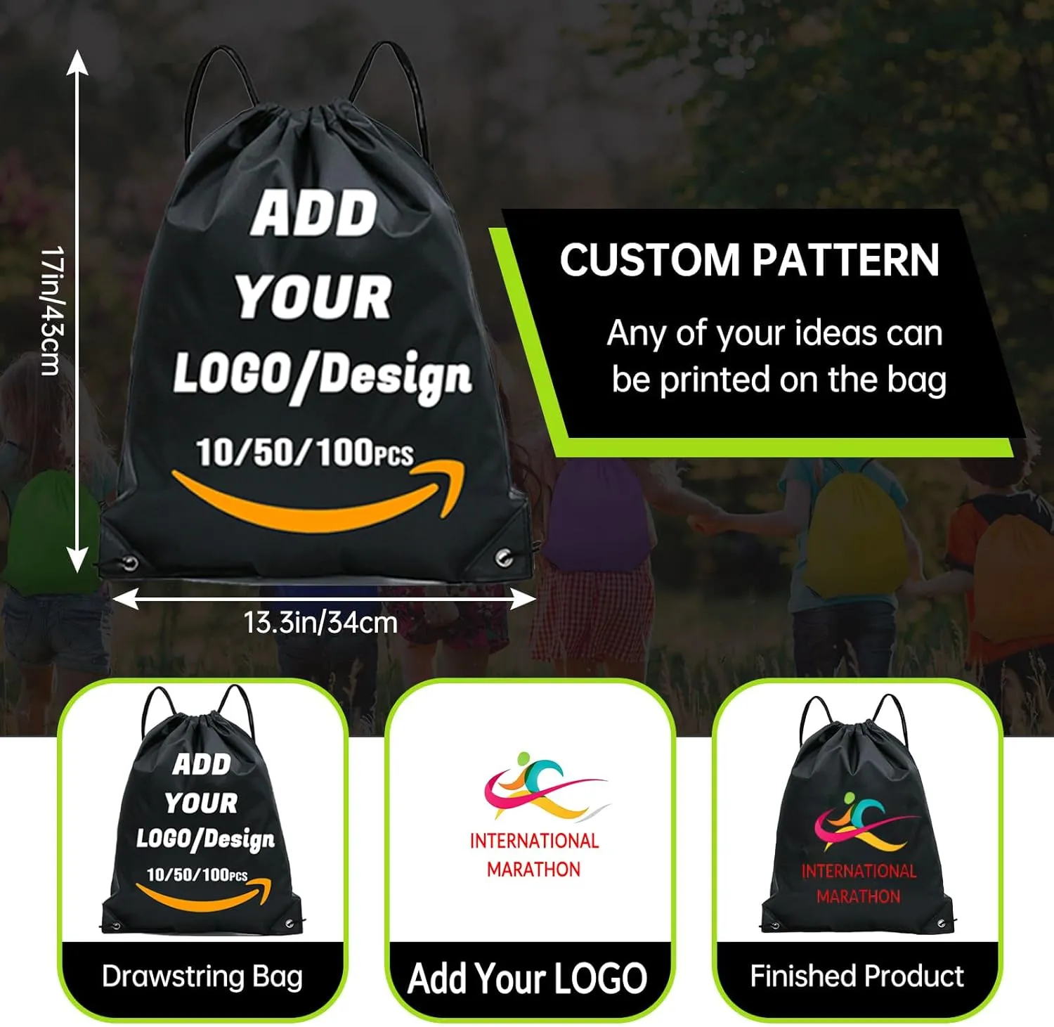 Custom Drawstring Backpack 10/50/100/200 Pcs Personalized Bulk Sport Draw String Bags with Logo, Text, Design, Customized Promotional Items Black
