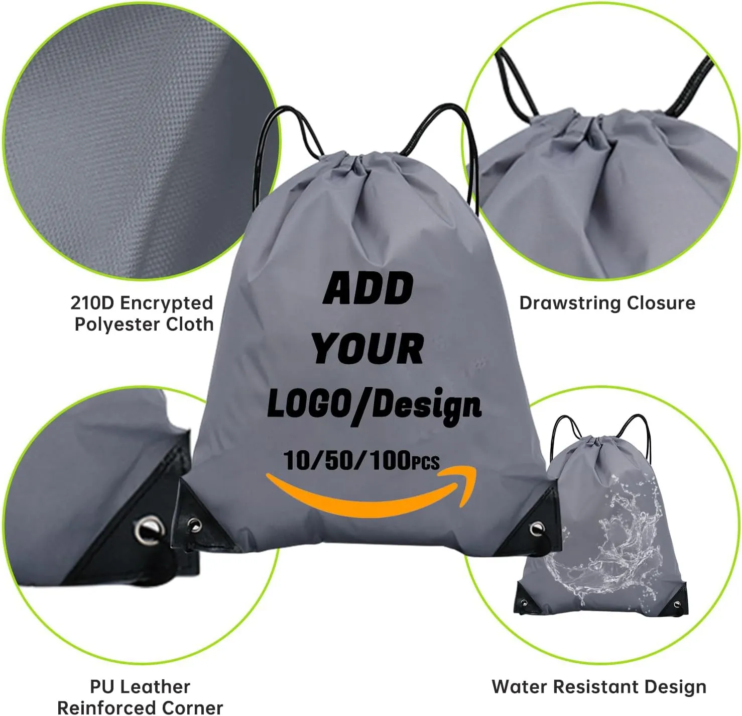 Custom Drawstring Backpack 10/50/100/200 Pcs Personalized Bulk Sport Draw String Bags with Logo, Text, Design, Customized Promotional Items Gray
