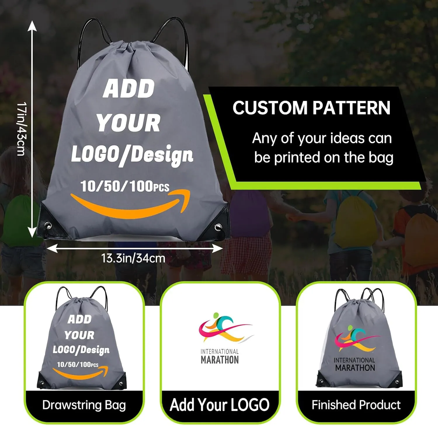 Custom Drawstring Backpack 10/50/100/200 Pcs Personalized Bulk Sport Draw String Bags with Logo, Text, Design, Customized Promotional Items Gray