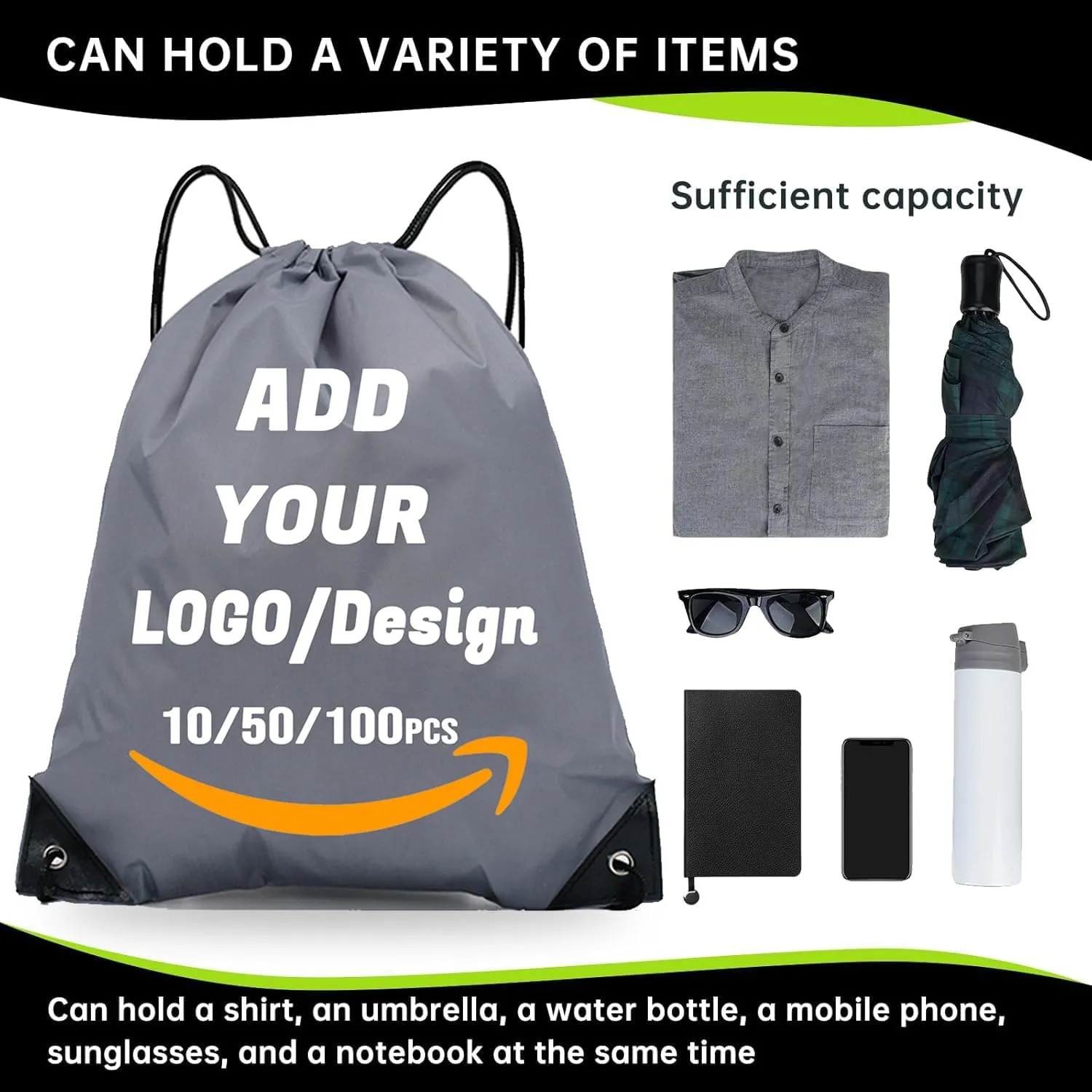 Custom Drawstring Backpack 10/50/100/200 Pcs Personalized Bulk Sport Draw String Bags with Logo, Text, Design, Customized Promotional Items Gray