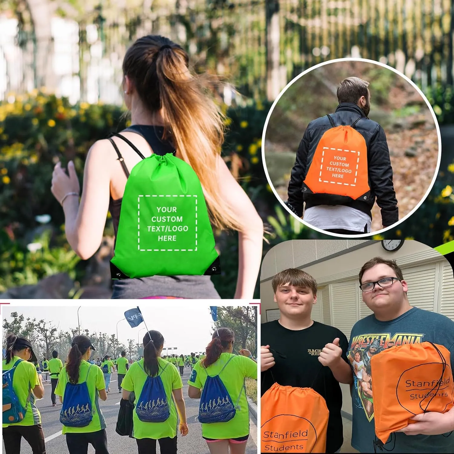 Custom Drawstring Backpack 10/50/100/200 Pcs Personalized Bulk Sport Draw String Bags with Logo, Text, Design, Customized Promotional Items Gray