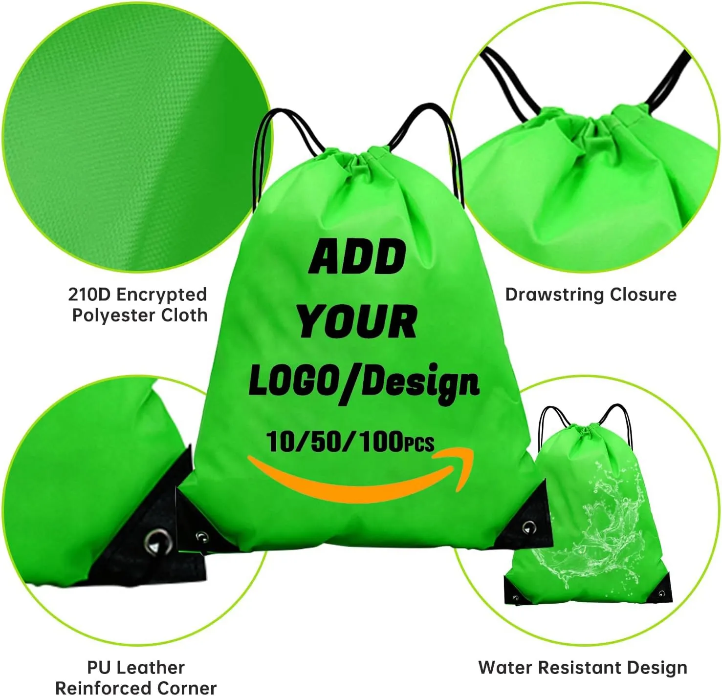 Custom Drawstring Backpack 10/50/100/200 Pcs Personalized Bulk Sport Draw String Bags with Logo, Text, Design, Customized Promotional Items Lawn Green