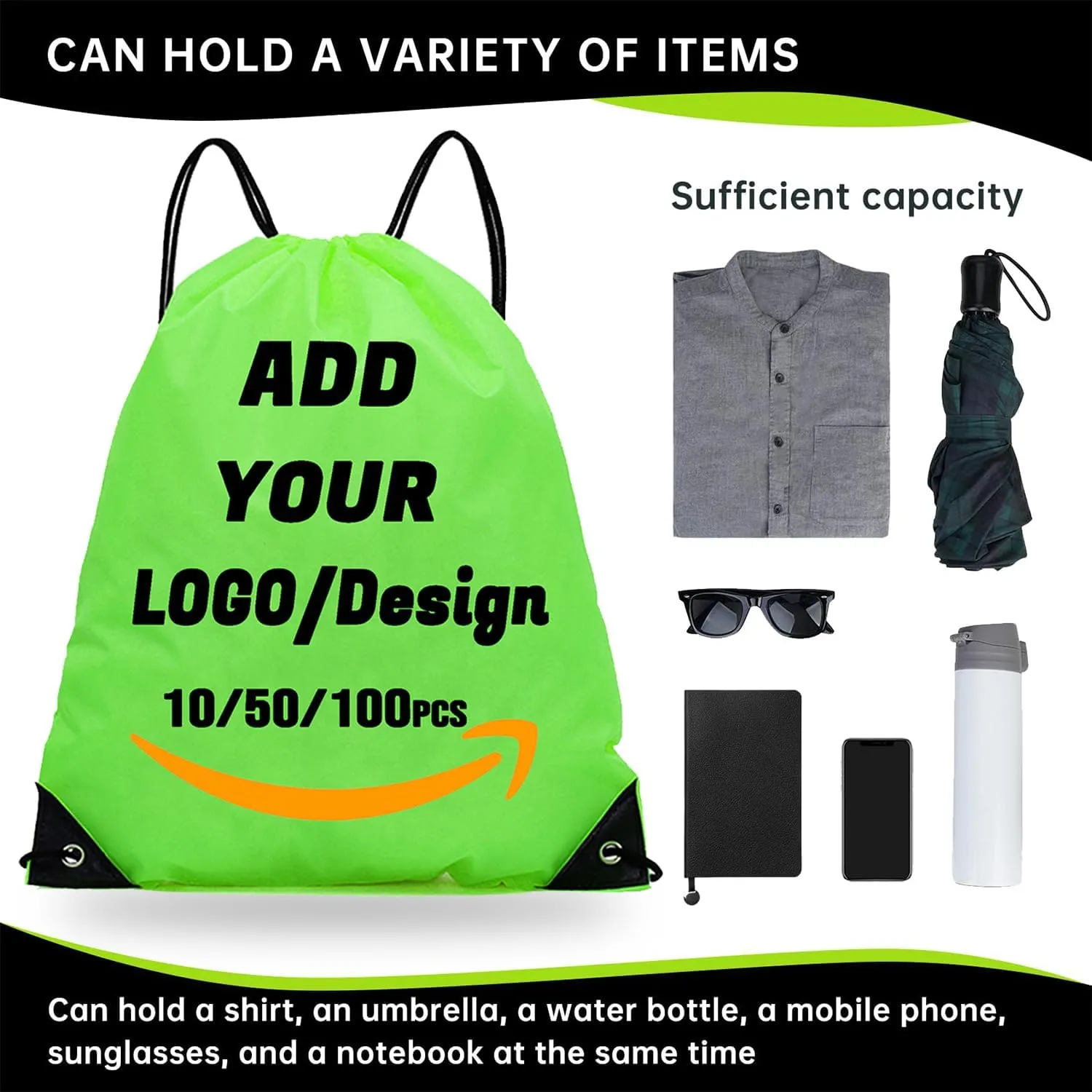 Custom Drawstring Backpack 10/50/100/200 Pcs Personalized Bulk Sport Draw String Bags with Logo, Text, Design, Customized Promotional Items Lawn Green
