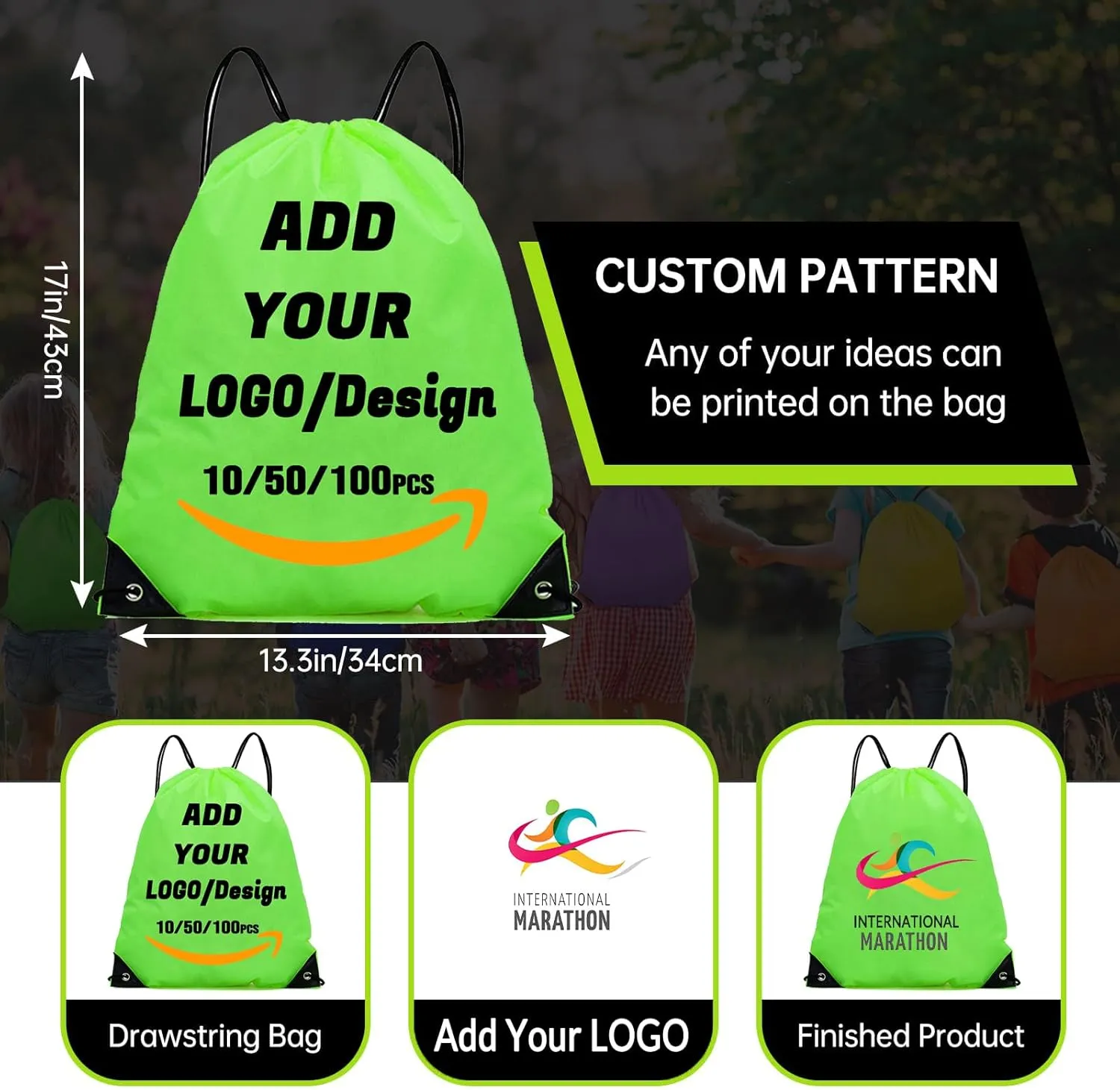 Custom Drawstring Backpack 10/50/100/200 Pcs Personalized Bulk Sport Draw String Bags with Logo, Text, Design, Customized Promotional Items Lawn Green
