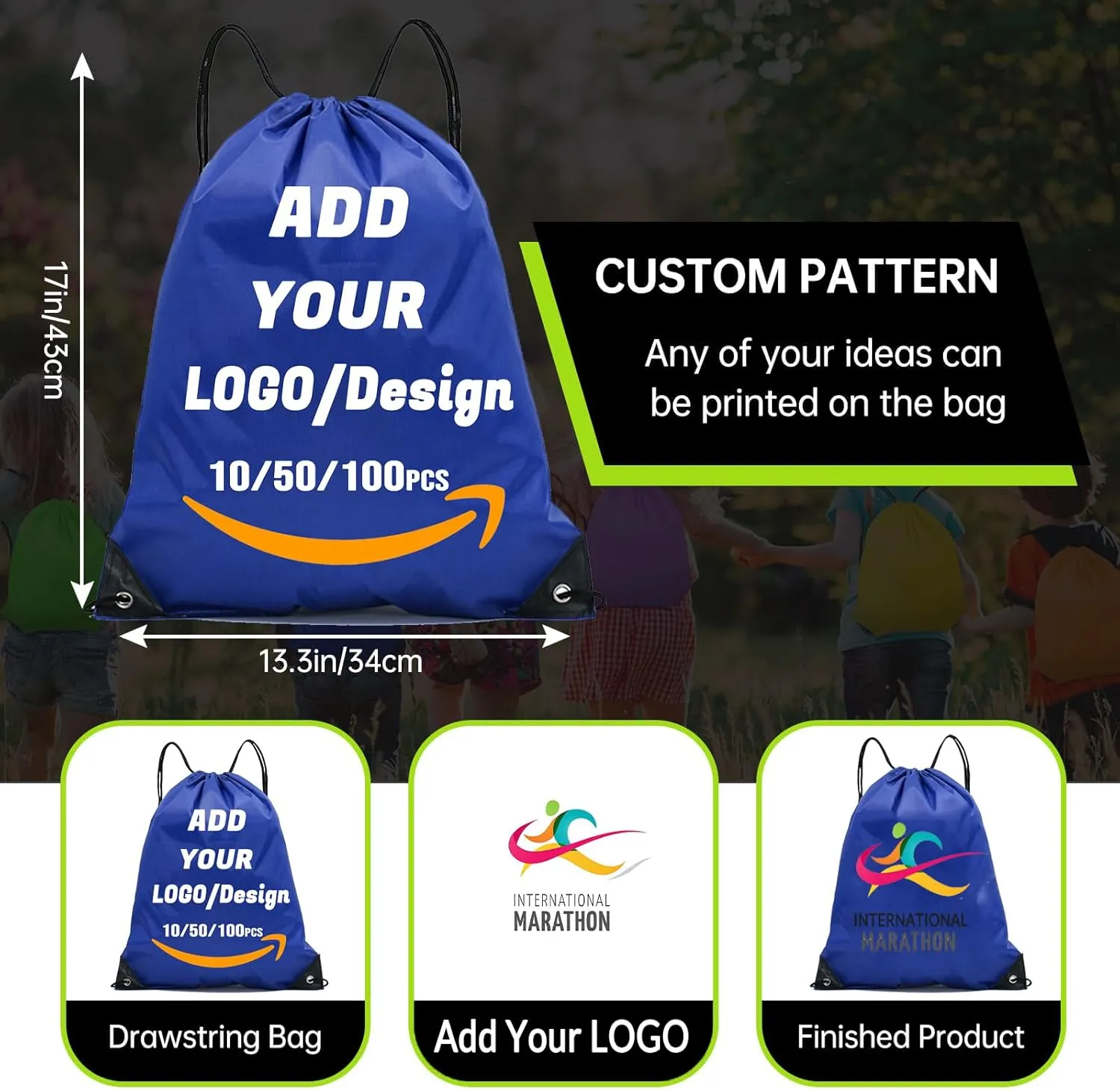 Custom Drawstring Backpack 10/50/100/200 Pcs Personalized Bulk Sport Draw String Bags with Logo, Text, Design, Customized Promotional Items Navy Blue