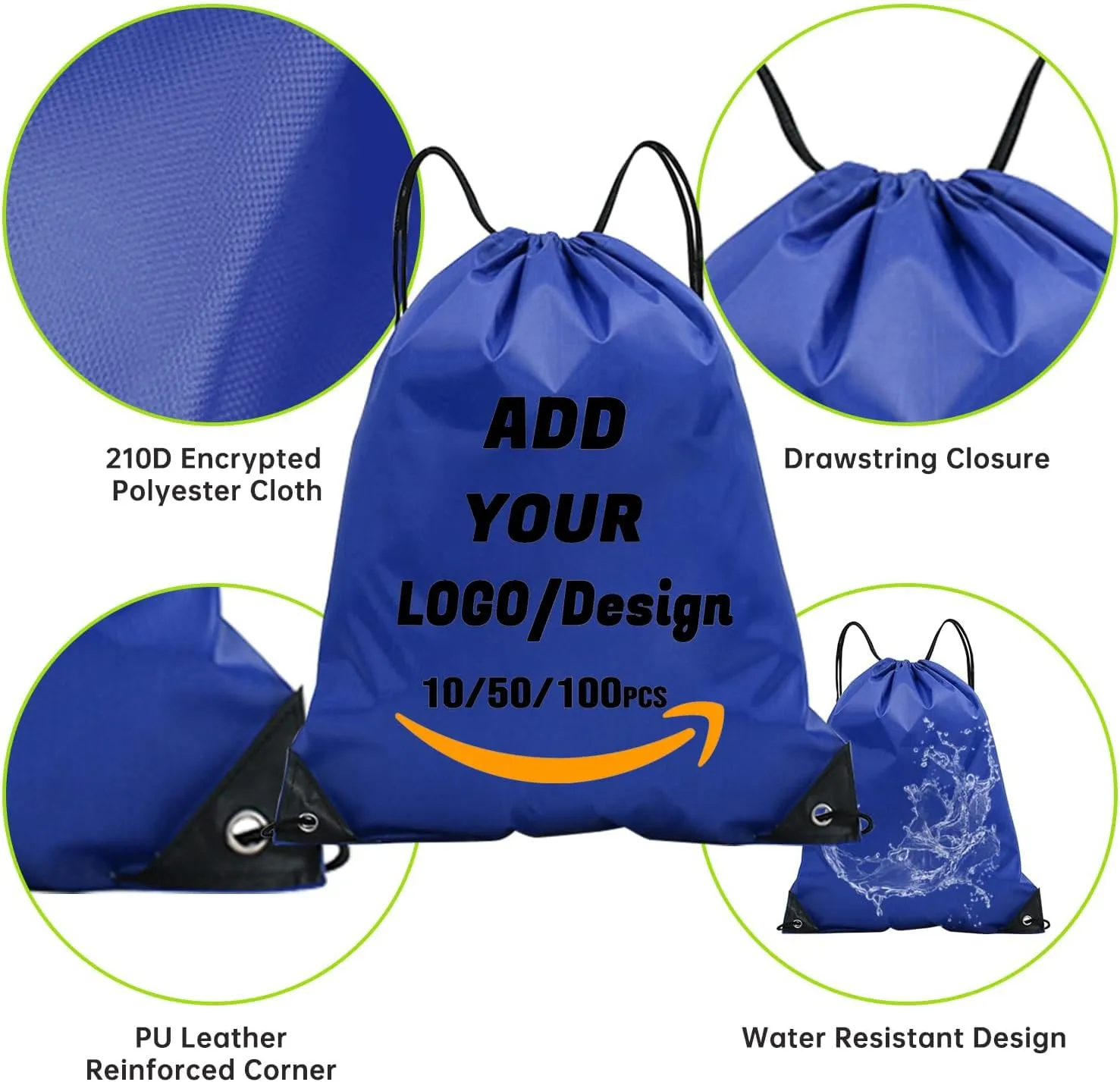 Custom Drawstring Backpack 10/50/100/200 Pcs Personalized Bulk Sport Draw String Bags with Logo, Text, Design, Customized Promotional Items Navy Blue