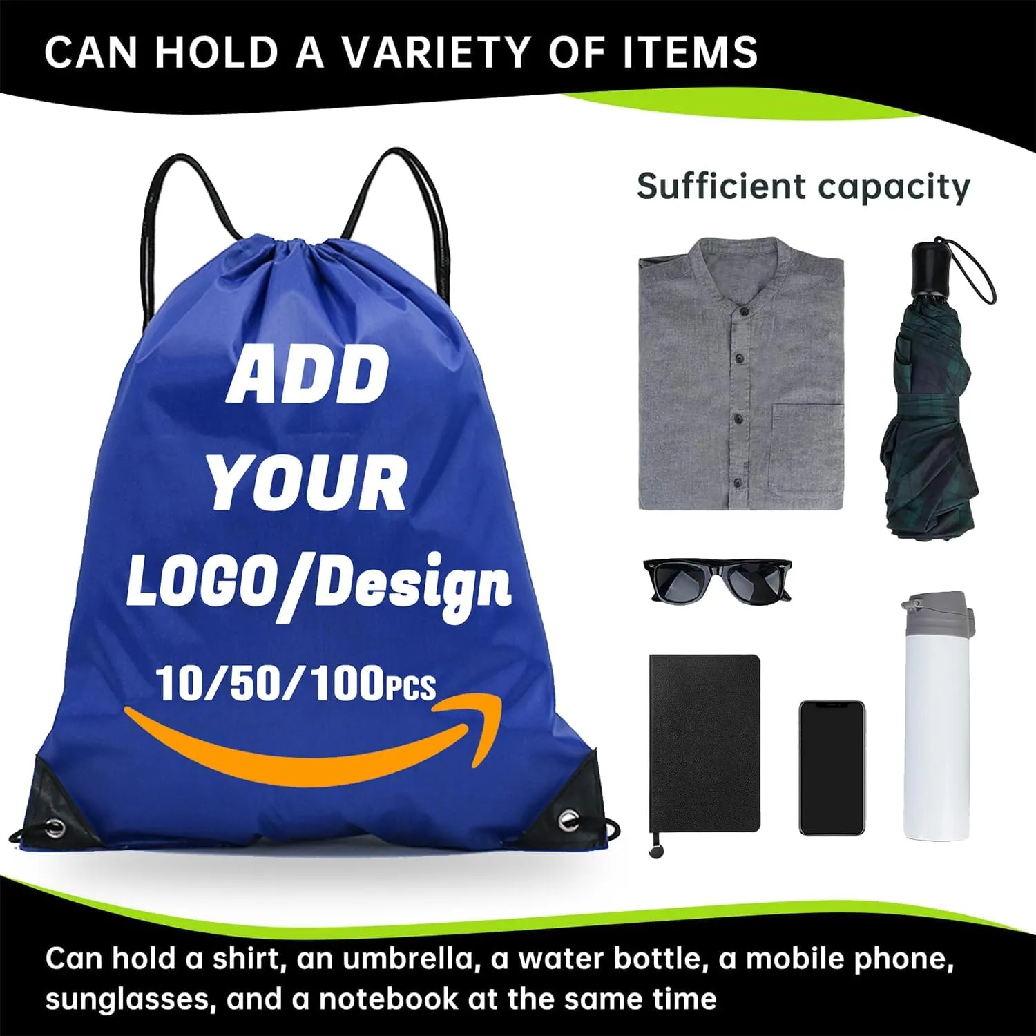 Custom Drawstring Backpack 10/50/100/200 Pcs Personalized Bulk Sport Draw String Bags with Logo, Text, Design, Customized Promotional Items Navy Blue