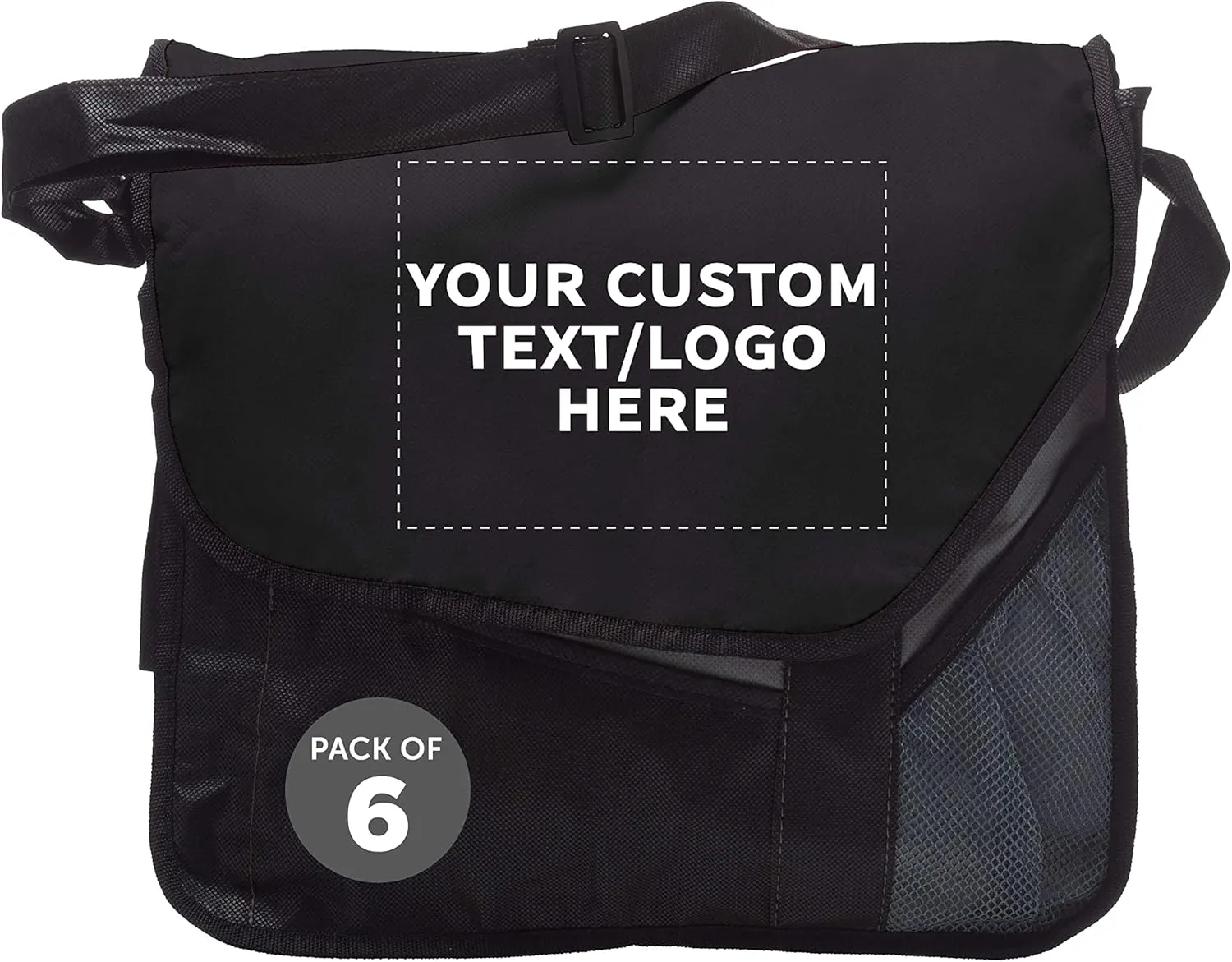 Custom Slant Flap Messenger Bags of 6, Personalized Bulk Pack - Perfect for Employees, and For Everyday Use - Black