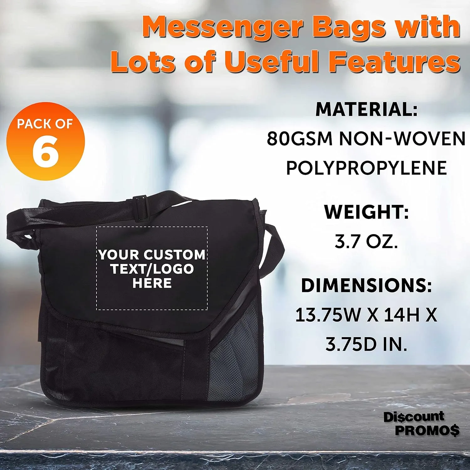 Custom Slant Flap Messenger Bags of 6, Personalized Bulk Pack - Perfect for Employees, and For Everyday Use - Black
