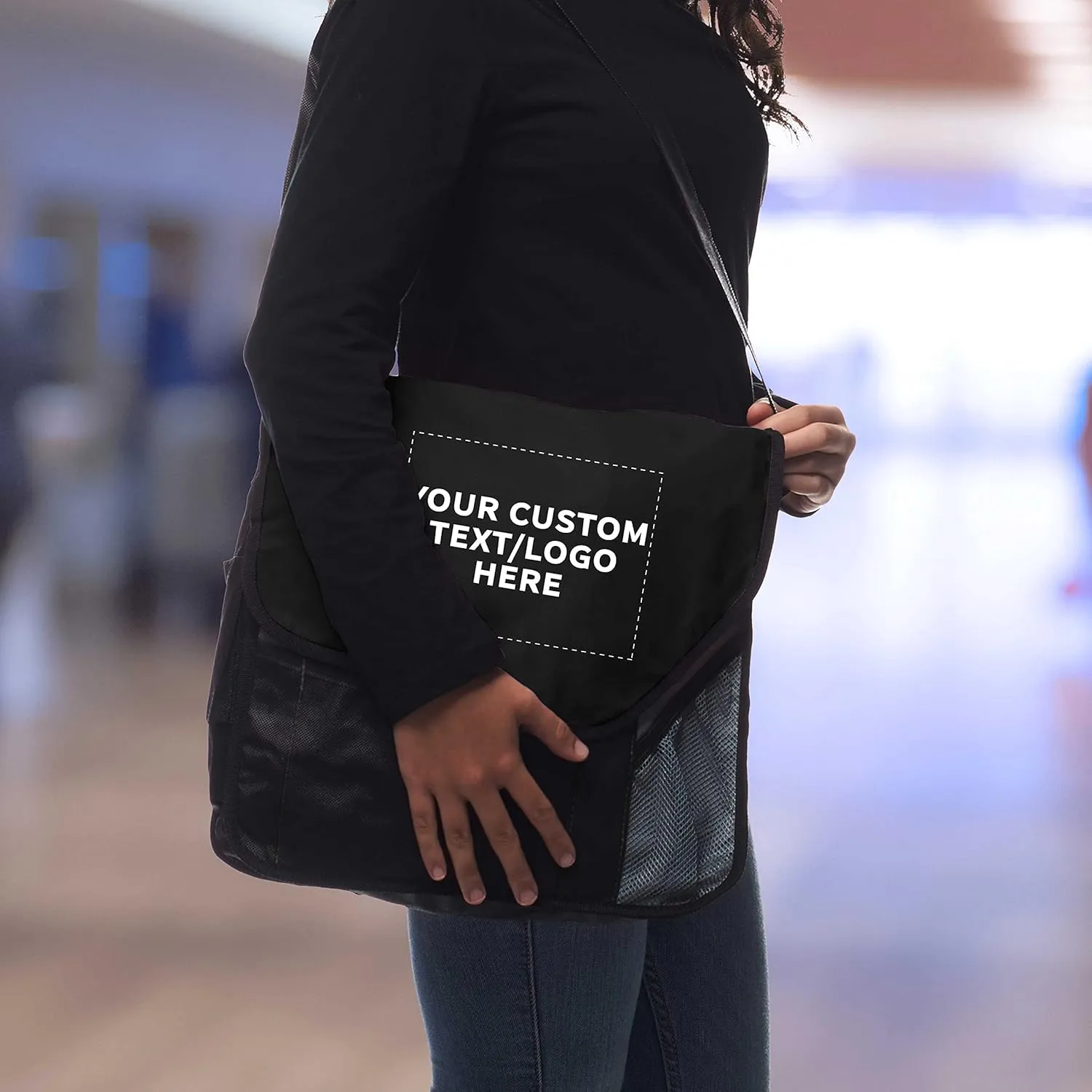 Custom Slant Flap Messenger Bags of 6, Personalized Bulk Pack - Perfect for Employees, and For Everyday Use - Black