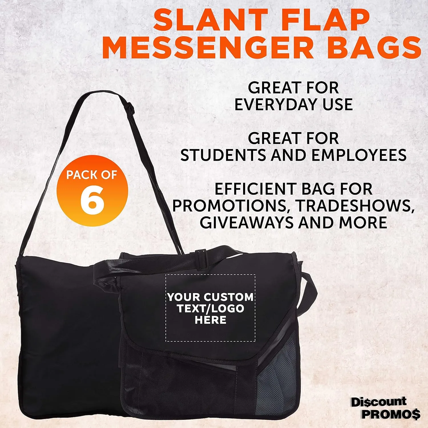 Custom Slant Flap Messenger Bags of 6, Personalized Bulk Pack - Perfect for Employees, and For Everyday Use - Black