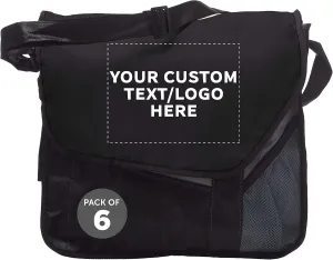 Custom Slant Flap Messenger Bags of 6, Personalized Bulk Pack - Perfect for Employees, and For Everyday Use - Black