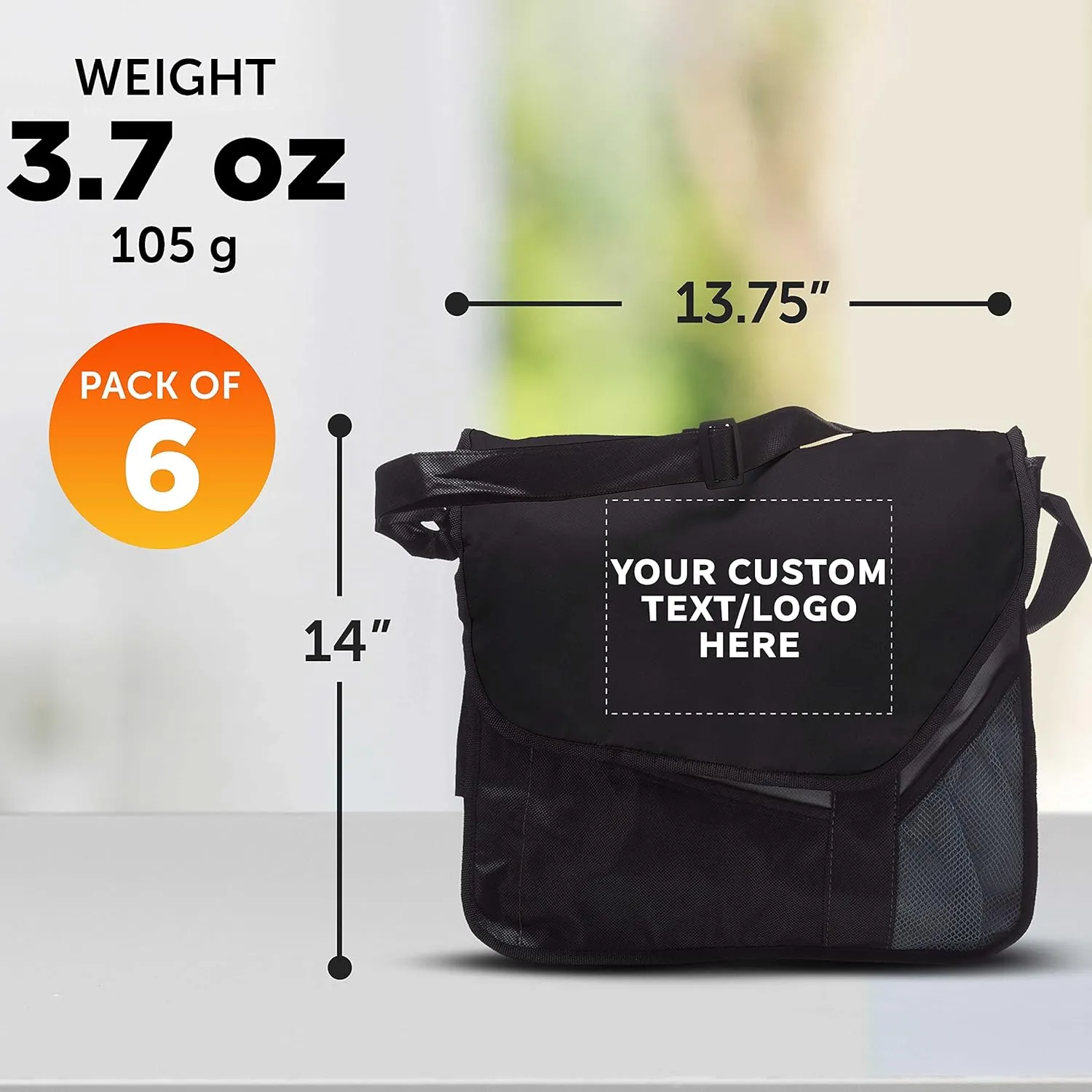 Custom Slant Flap Messenger Bags of 6, Personalized Bulk Pack - Perfect for Employees, and For Everyday Use - Black