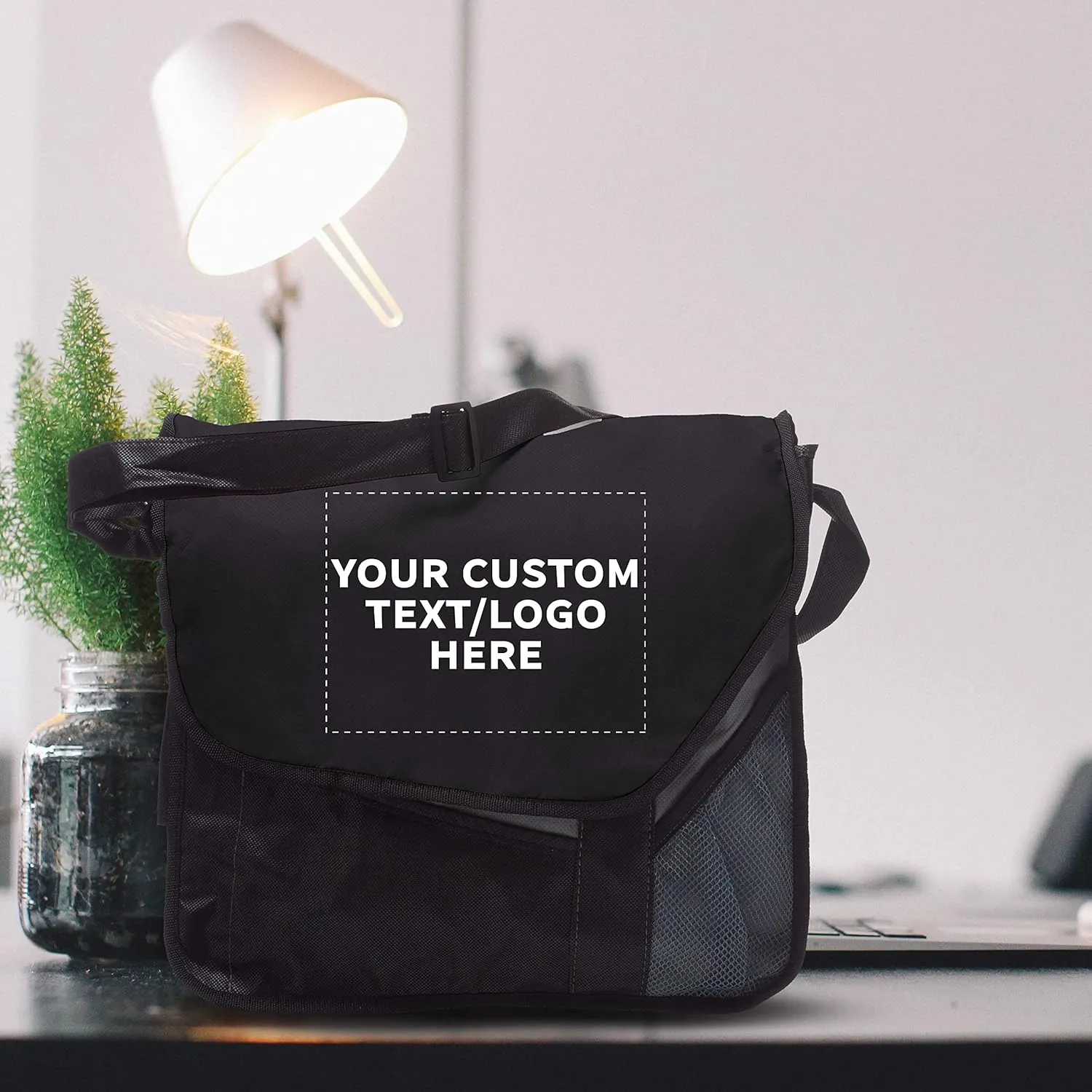 Custom Slant Flap Messenger Bags of 6, Personalized Bulk Pack - Perfect for Employees, and For Everyday Use - Black