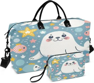 Cute Seal Travel Duffel Bags with Toiletry Bag for Travel Gym Yoga Weekender Bag