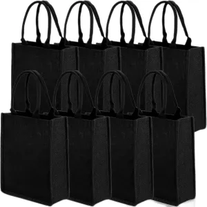DEAYOU 8 Pack Jute Tote Bag with Handle, Jute Beach Tote Laminated Interior, Reusable Lined Grocery Shopping Bag for Bridesmaid, DIY, Wedding,9.8''x11.8''x3.9'', Black