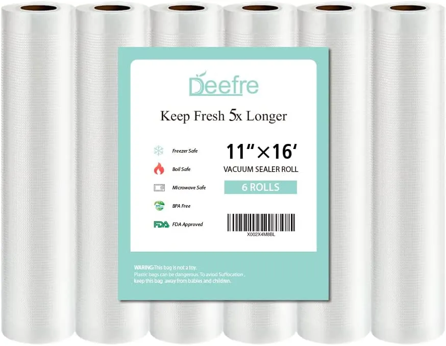 Deefre Vacuum Sealer Bags 11’‘x16’ 6 Rolls for Food Saver, BPA Free and Puncture Prevention Vacuum Seal Food Saver Bags,Great for Sous Vide，Vac Storage or Meal Prep